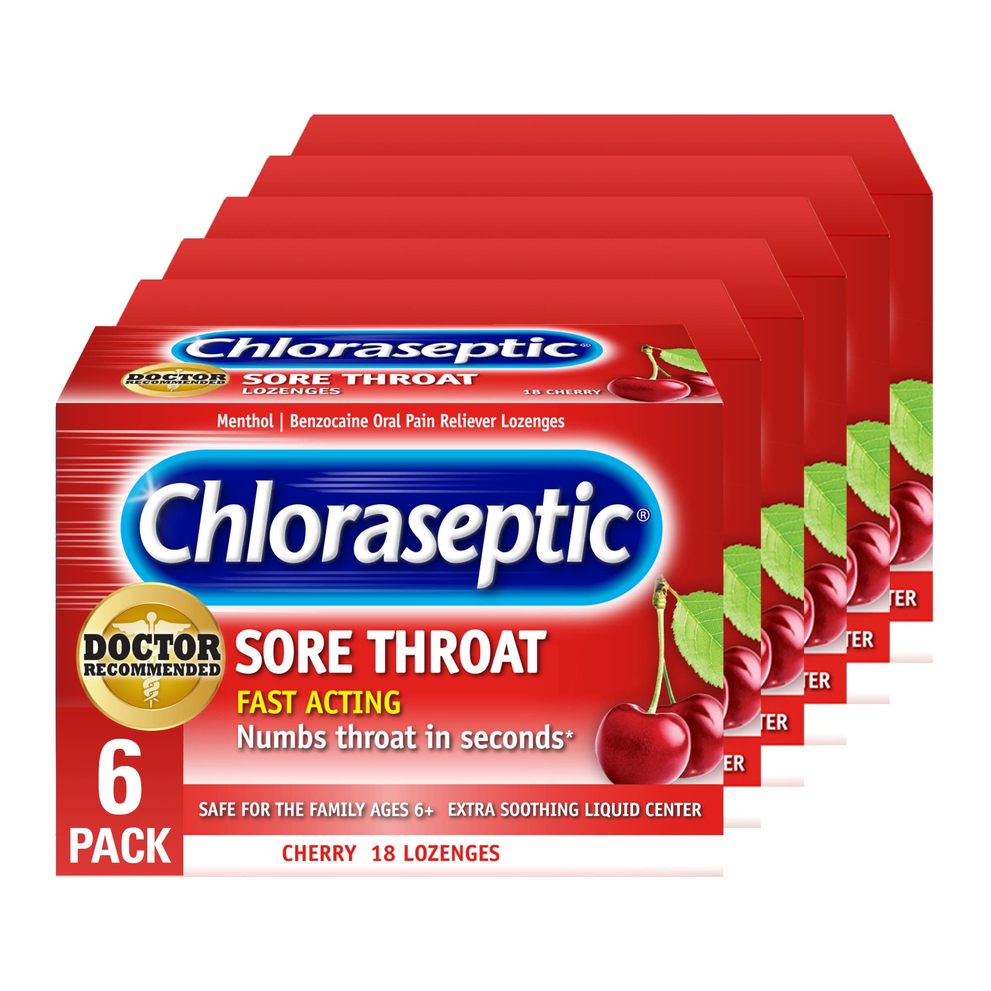 Pastillas Chloraseptic sabor cereza, alivio rápido para dolor de garganta.