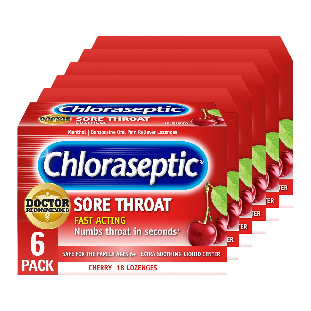 Pastillas Chloraseptic sabor cereza, alivio rápido para dolor de garganta.