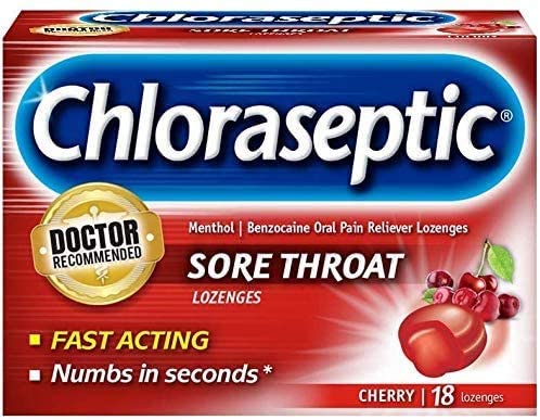 Pastillas Chloraseptic sabor cereza, empaque frontal, alivio al instante