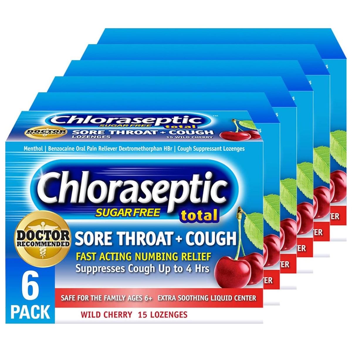 Pastillas Chloraseptic sin azúcar, sabor cereza salvaje, alivio rápido de la garganta.