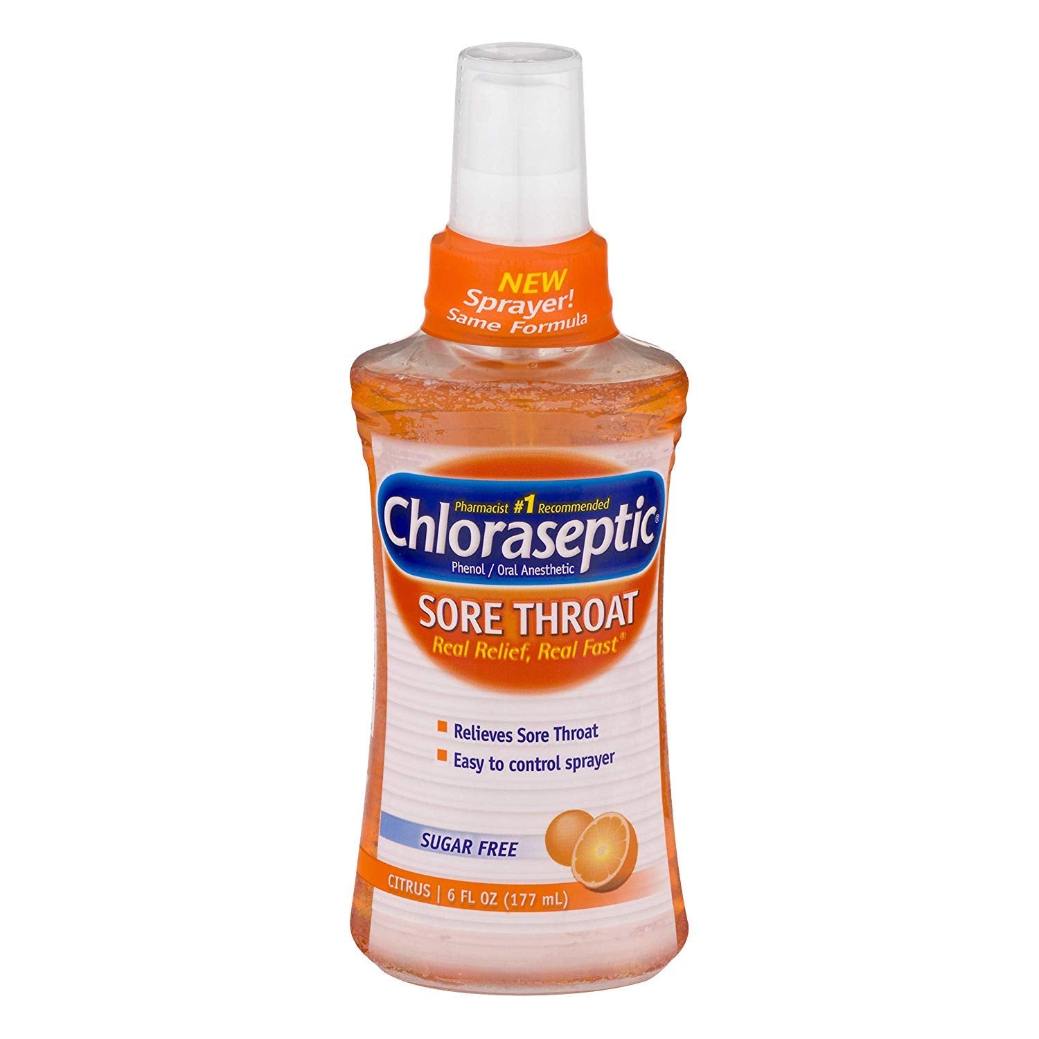 Chloraseptic spray para garganta cítrico y su envase de 177 ml, alivio posible de molestias.