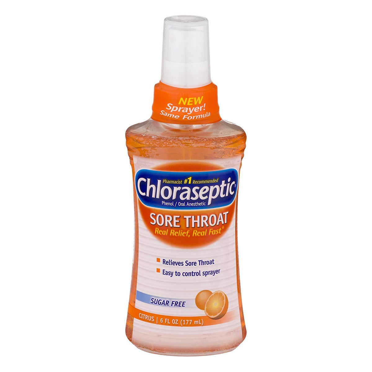 Chloraseptic spray para garganta cítrico y su envase de 177 ml, alivio posible de molestias.