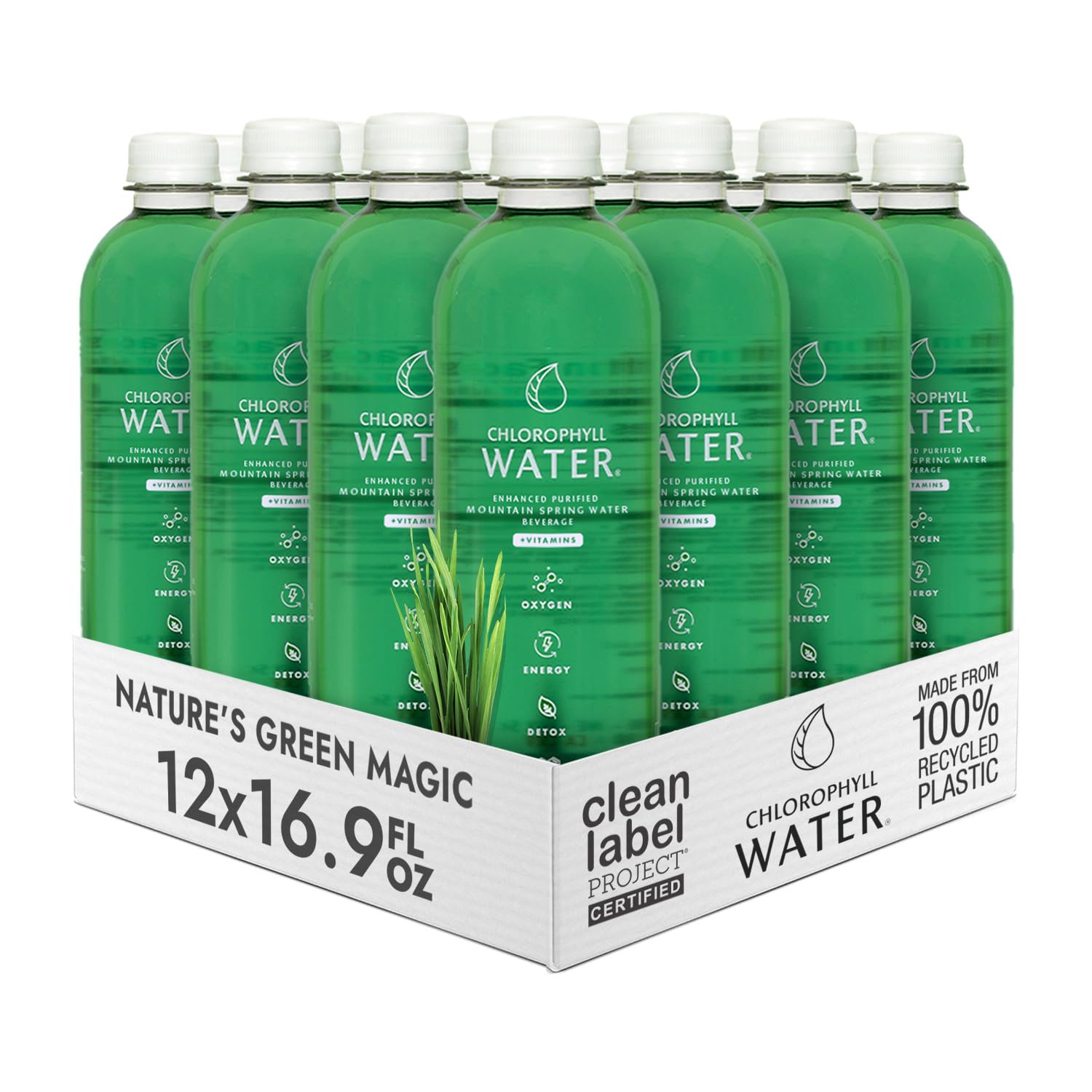Chlorophyll Water, botella con gotas de clorofila para hidratar con sabor natural.
