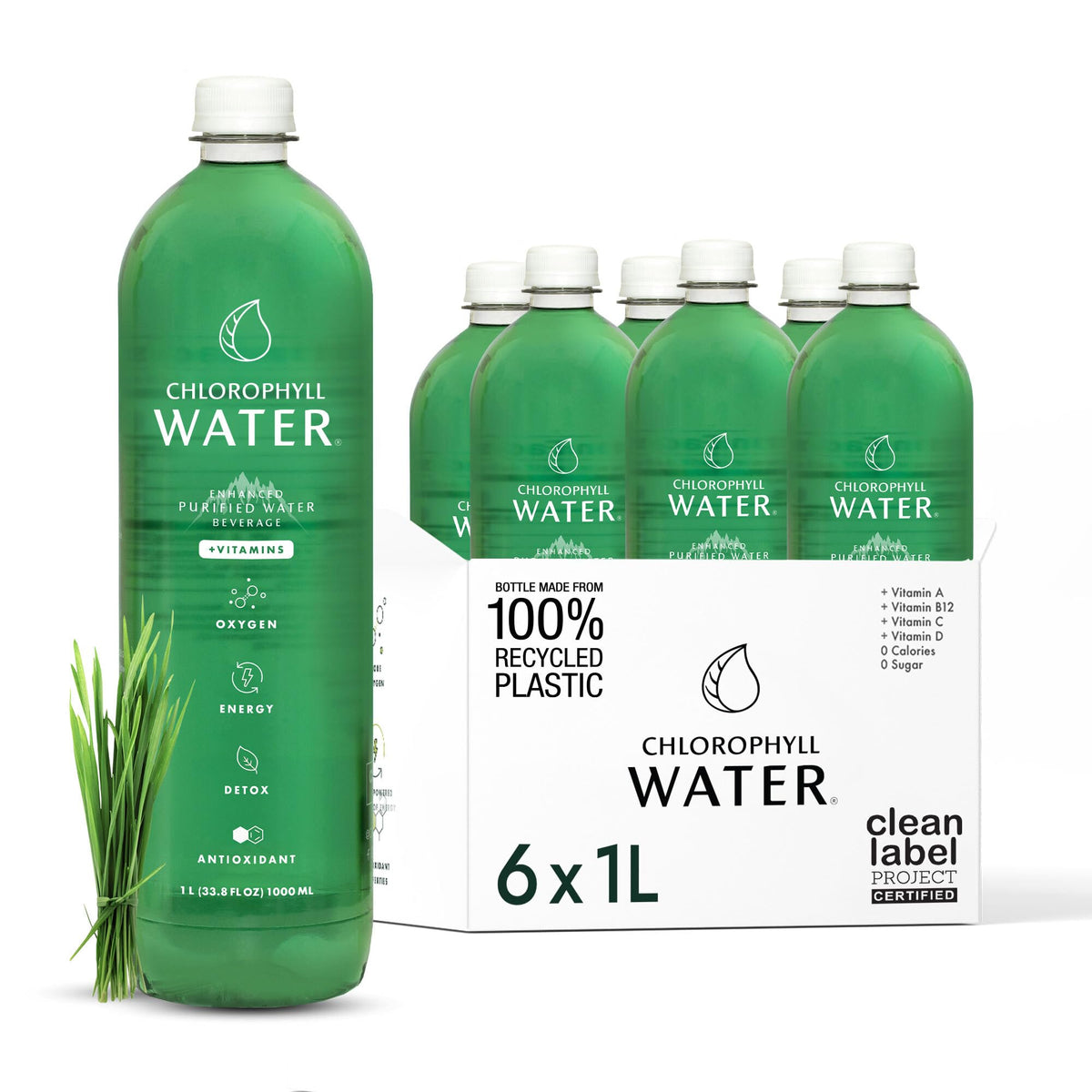 Chlorophyll Water: paquete de 6 botellas de 1 litro para hidratación diaria.