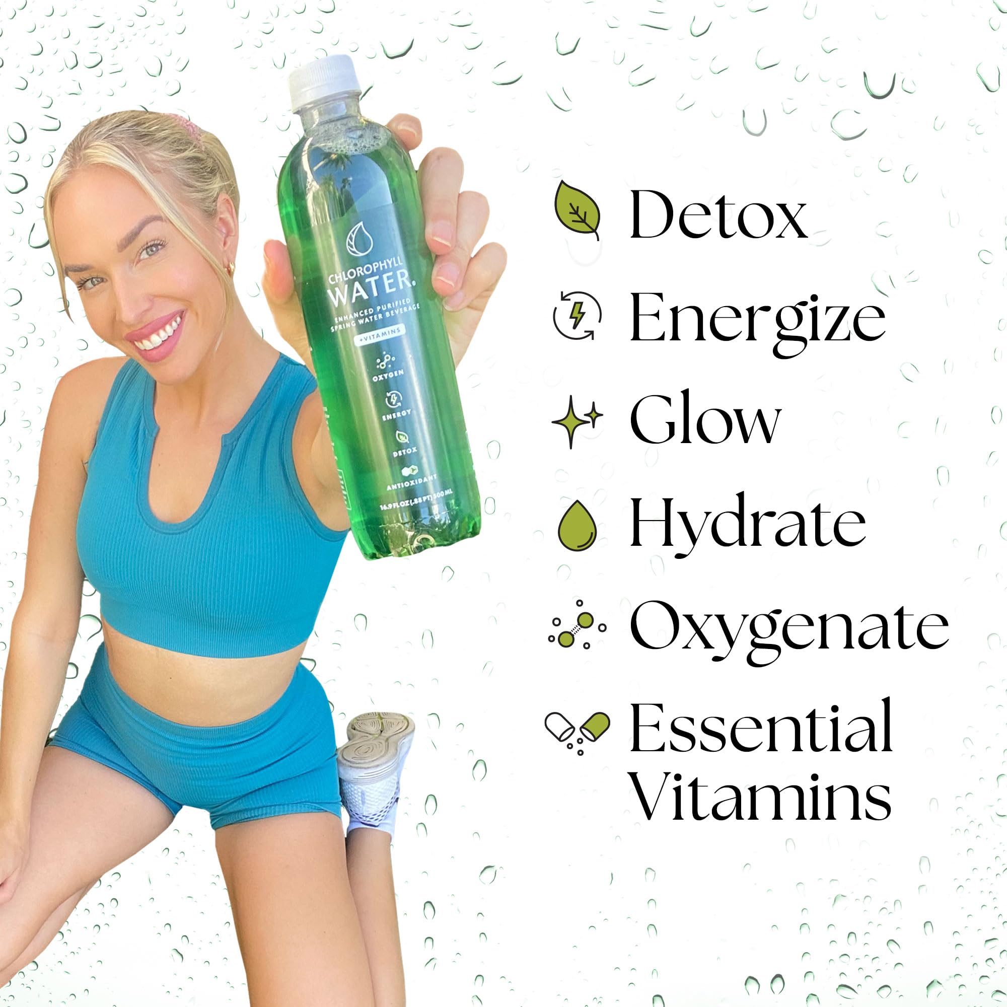 Chlorophyll Water, vitaminas A, B12, C y D3 para apoyo diario.