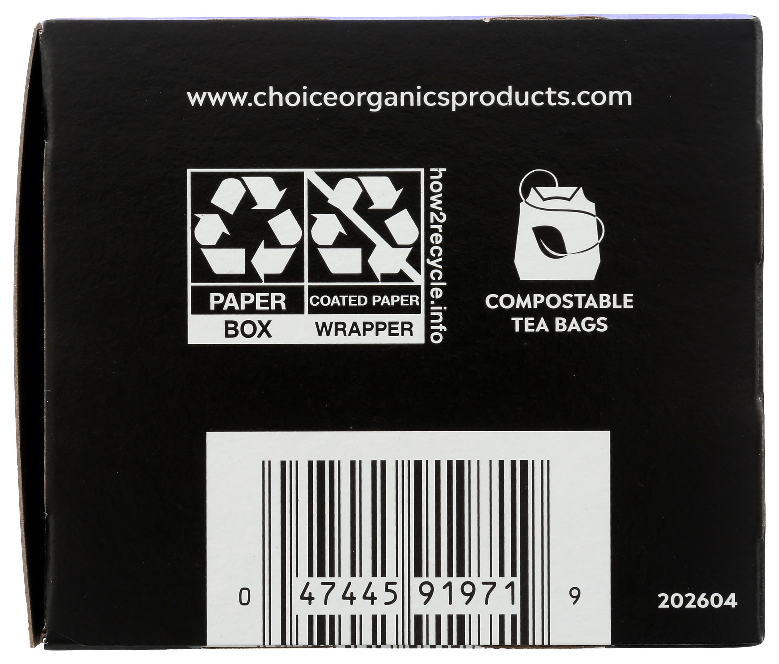 Choice Organics Earl Grey cartón reciclado para empaque responsable.