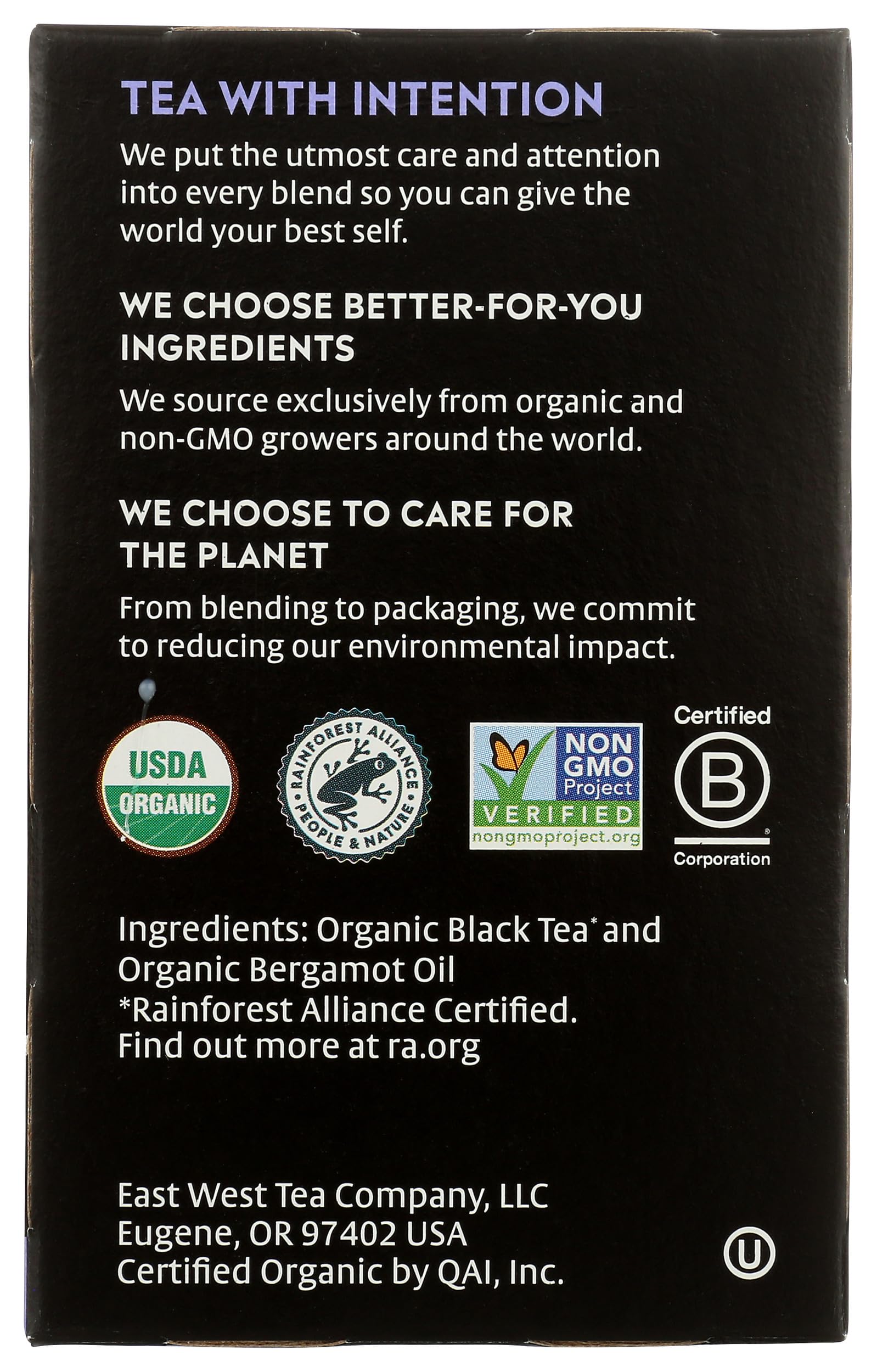 Choice Organics Earl Grey certificado de comercio justo; ética en cada taza.