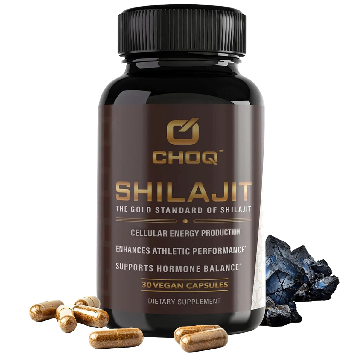 CHOQ Shilajit, botella frontal, energía diaria sostenida.