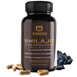 CHOQ Shilajit, botella frontal, energía diaria sostenida.