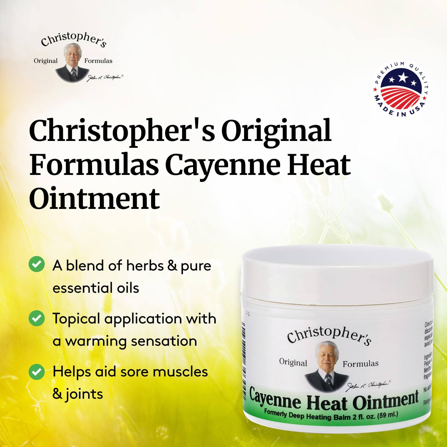 Christopher's Original Formulas Cayenne Heat Ointment etiqueta de fabricación en Estados Unidos.