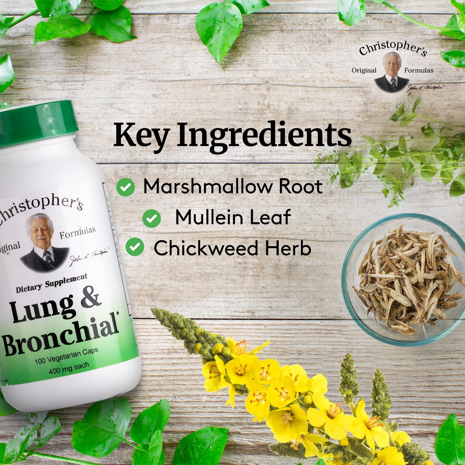 Christopher's Original Formulas ingredientes naturales en primer plano, apoyo respiratorio suave.