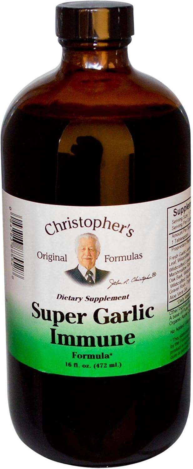 Christopher's Original Formulas jarabe de ajo inmunitario, botella para uso diario con perfil botánico.