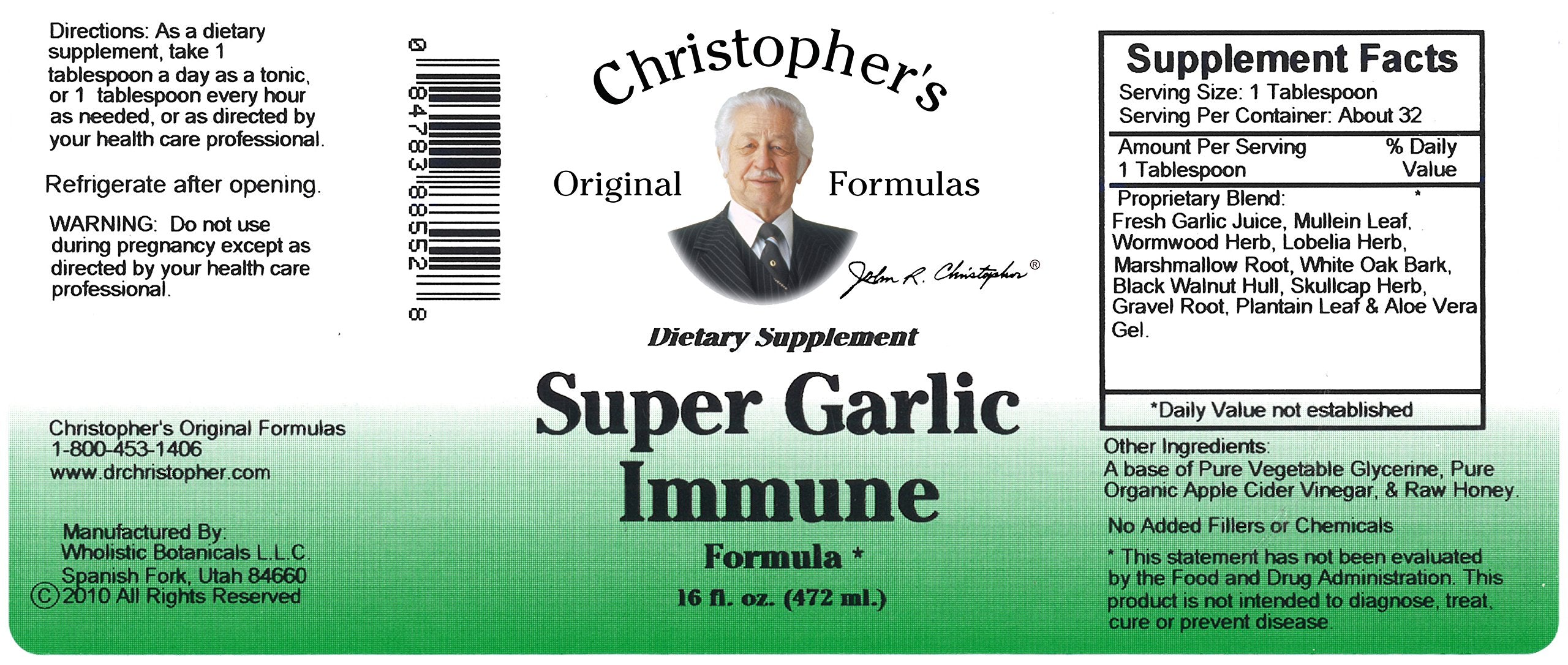 Christopher's Original Formulas jarabe de ajo inmunitario, etiqueta clara que inspira confianza en casa.