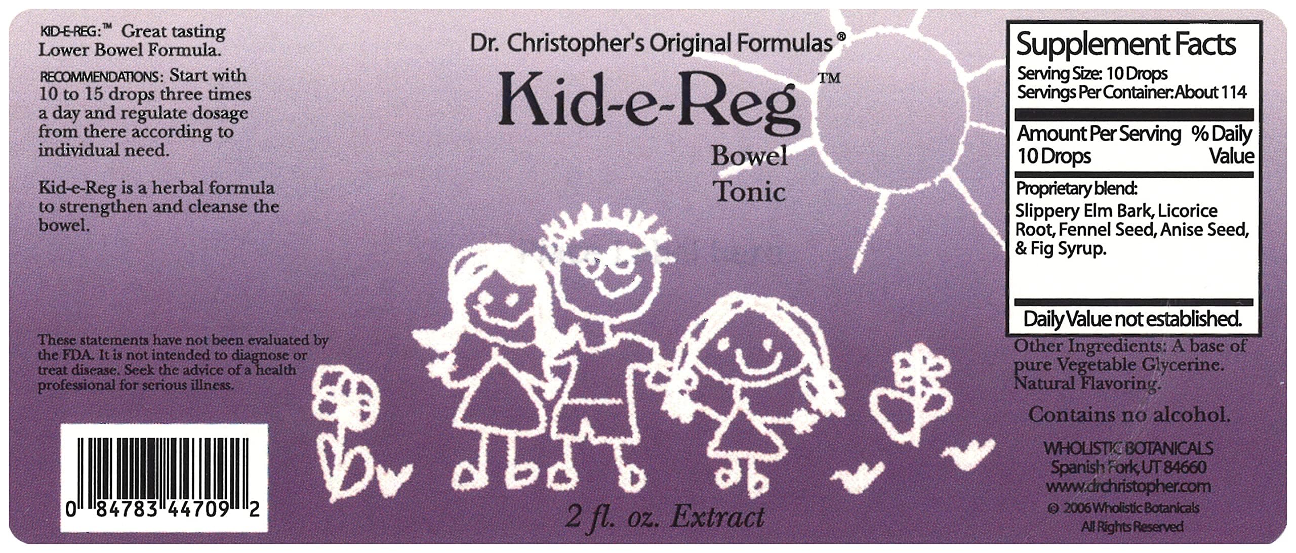 Etiqueta de Kid-e-Reg muestra hierbas naturales y usos seguros para niños.