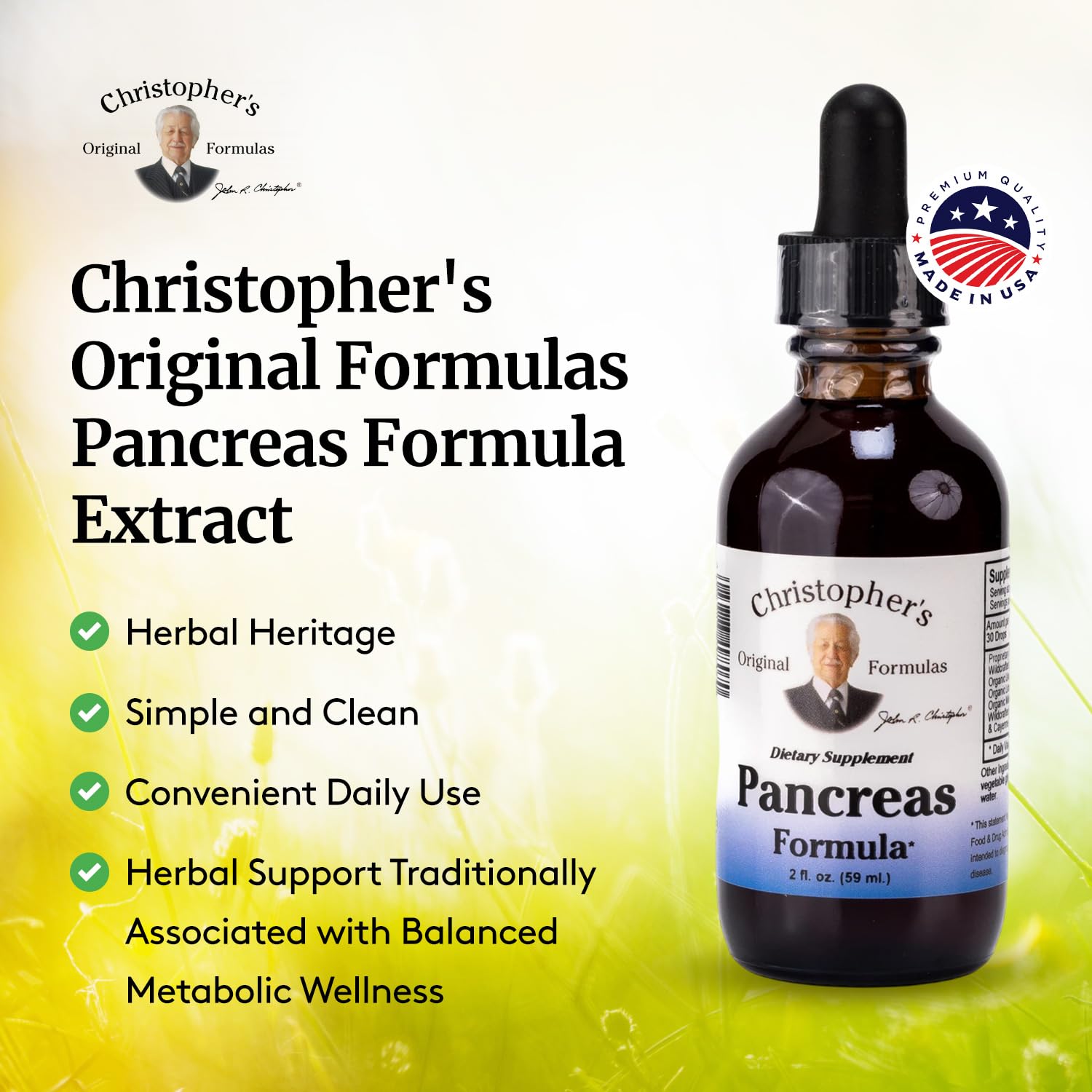 Christopher's Original Formulas Pancreas Formula Extract, hecho en Estados Unidos para calidad.
