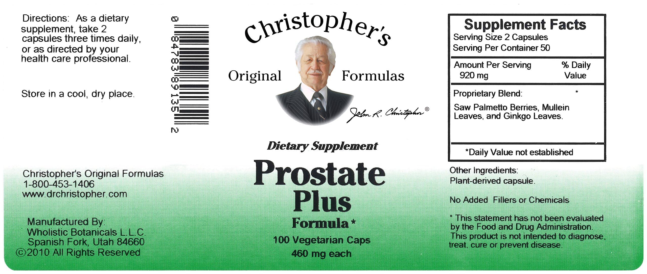 Christopher's Original Formulas Prostate Plus, empaque en EE. UU., producción de calidad para confianza del usuario.