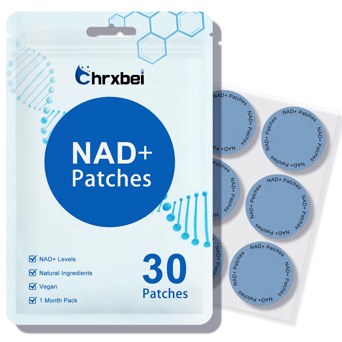 Parche NAD+ de Chrxbei aplicado en la piel para energía diaria.