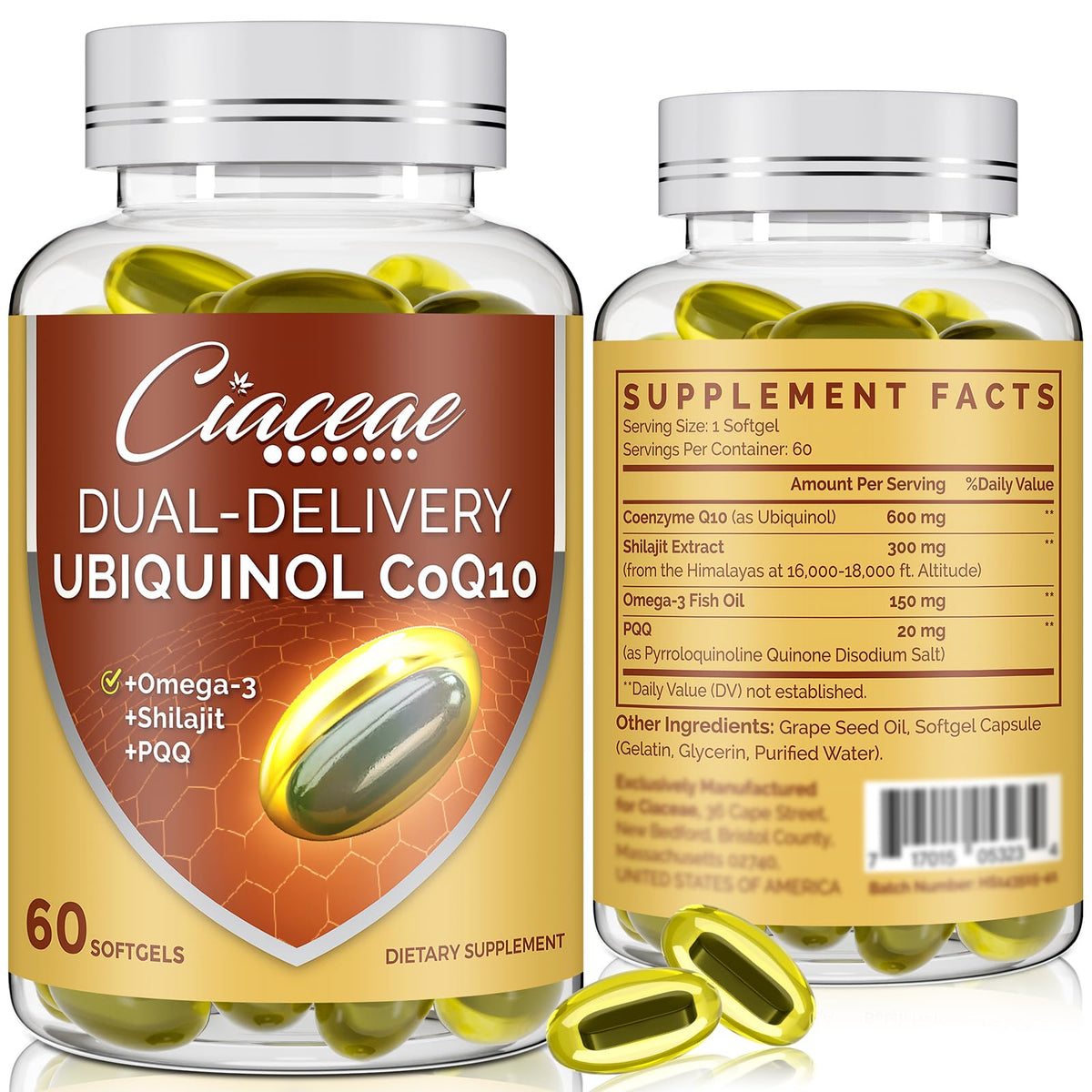 Ciaceae Ubiquinol CoQ10 600 mg cápsulas blandas, formato práctico para uso diario.