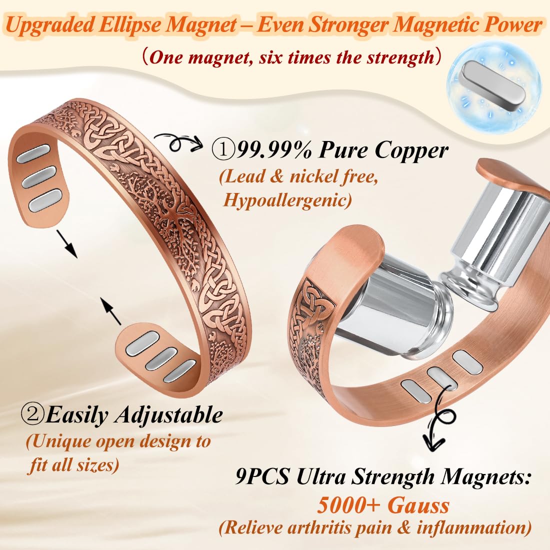 pulsera cigmag de cobre con ajuste fácil, se adapta sin herramientas.
