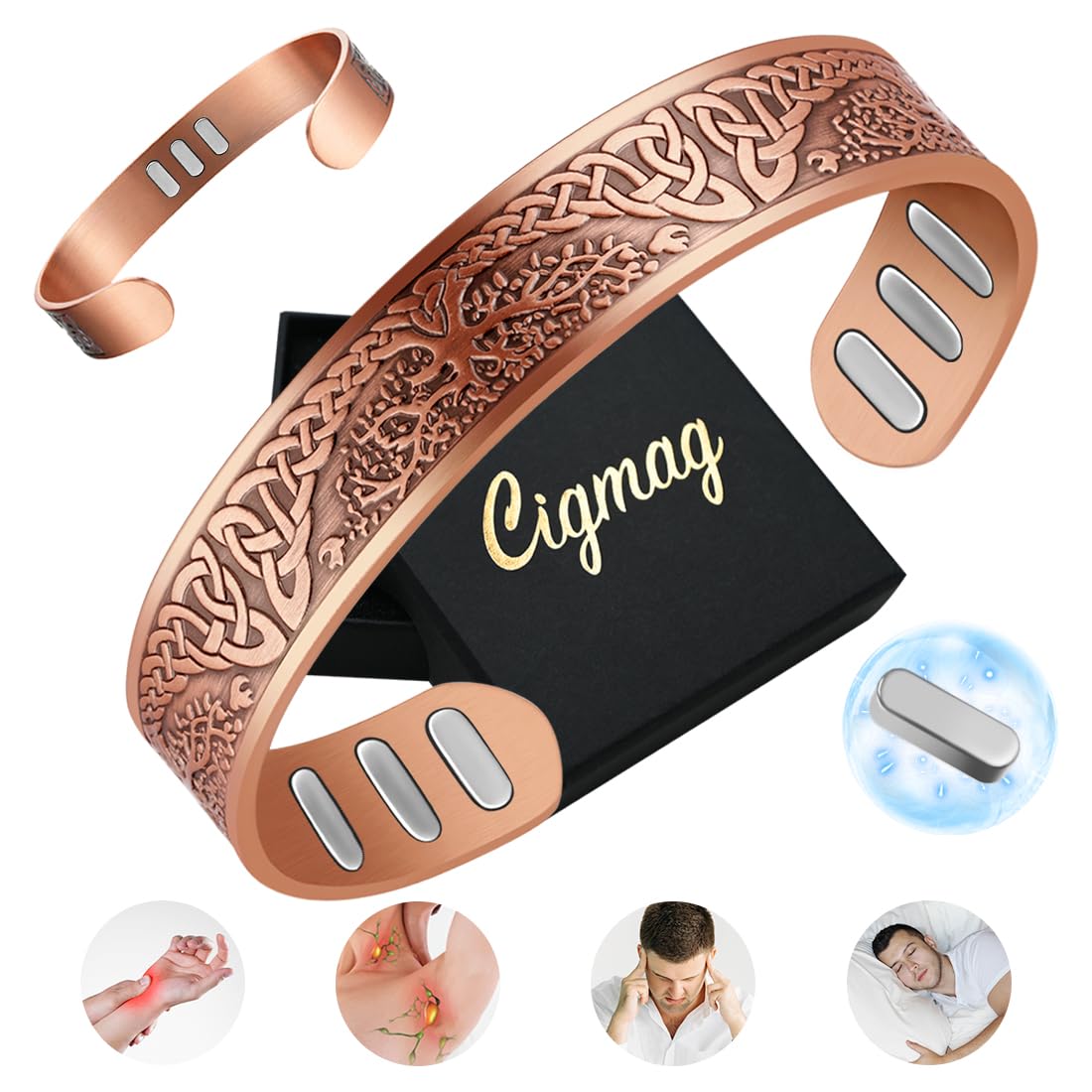 pulsera cigmag de cobre, vista frontal, diseño elegante para uso diario.
