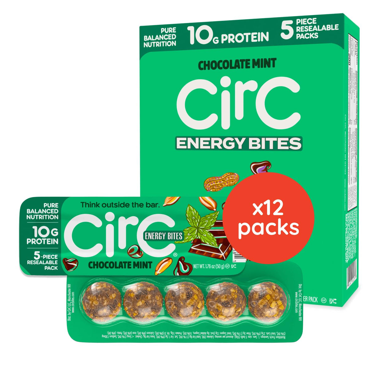 CirC bocados energéticos de menta con chispas de chocolate para recargar energía.