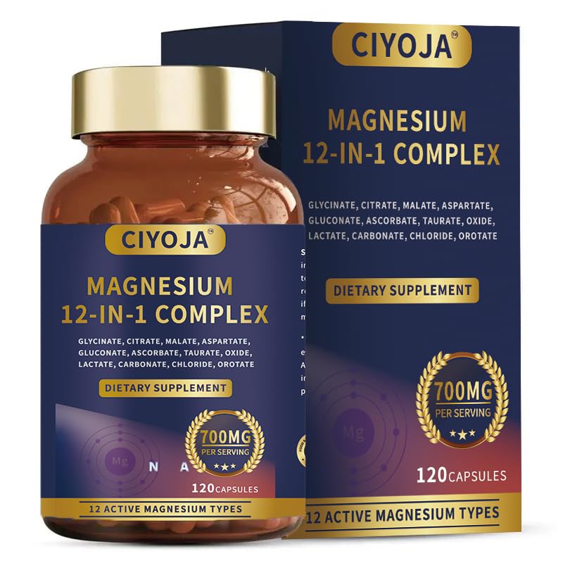 CIYOJA 12-en-1 magnesio complejo cápsulas para apoyo diario de la relajación muscular.