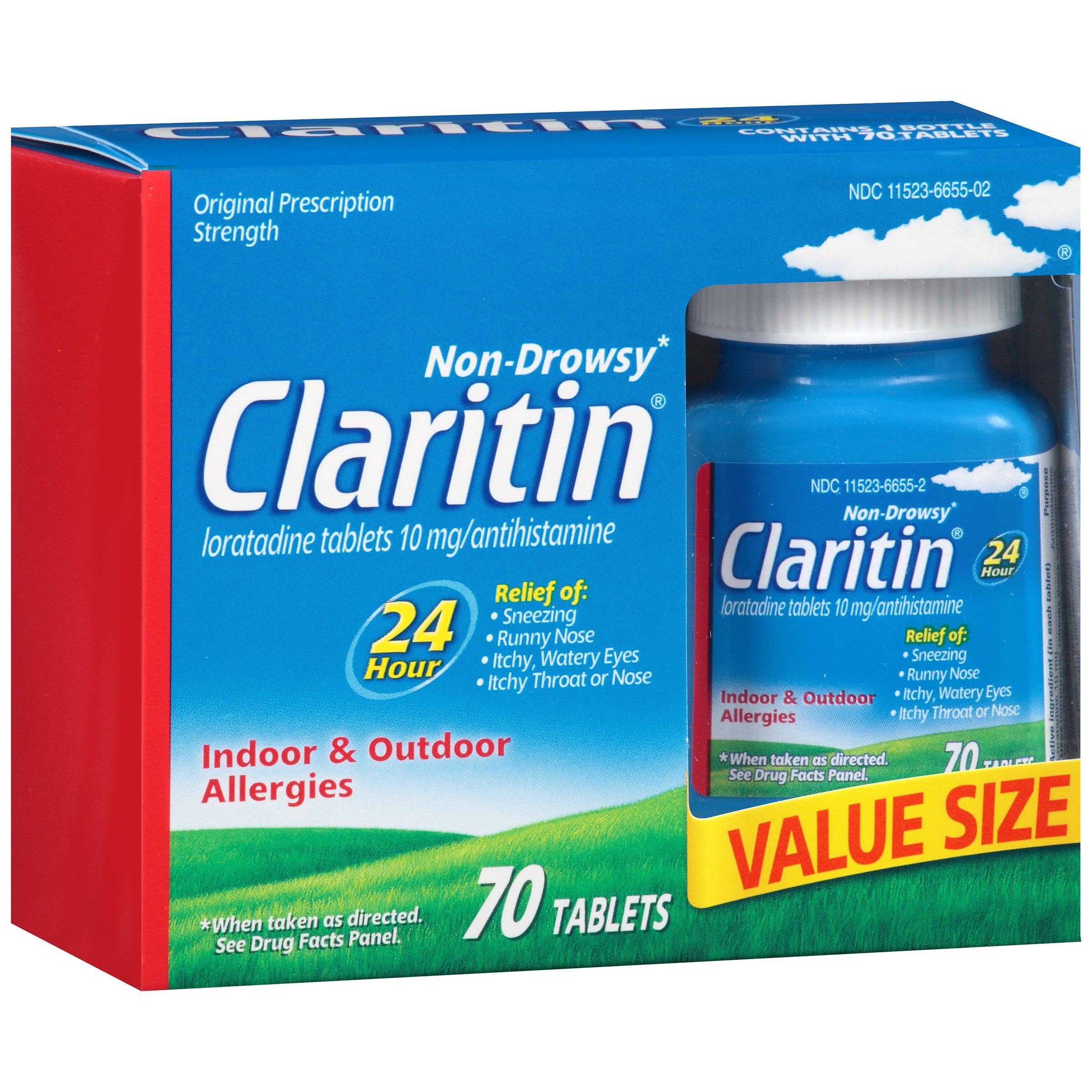 Claritin botella 24h, alivio diario de alergias.