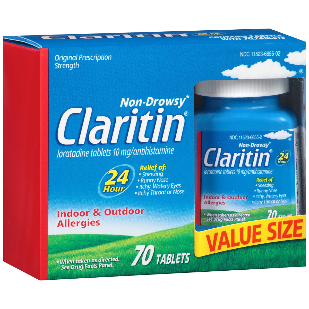 Claritin botella 24h, alivio diario de alergias.