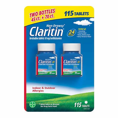 Claritin botella de 70 tabletas, alivio de alergias estacionales todo el día.