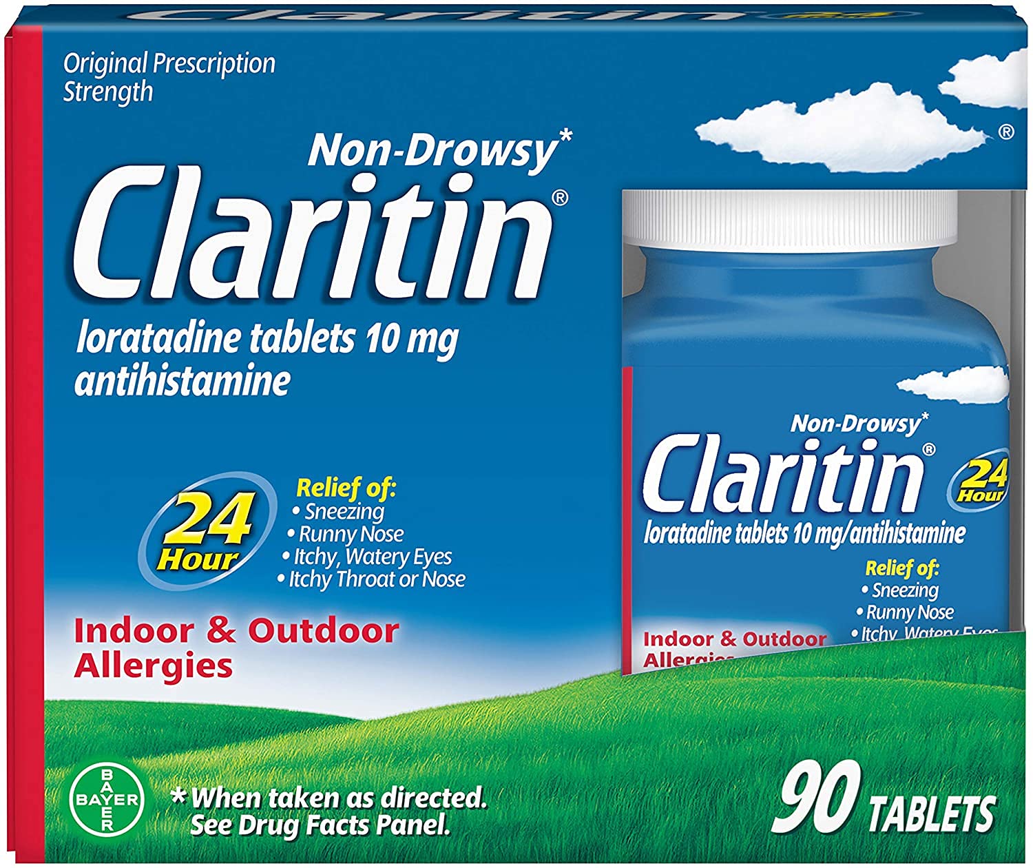 Botella de Claritin con 90 tabletas lista para uso diario de alergias.