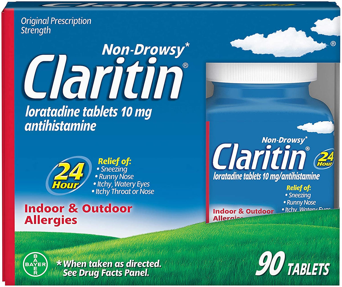 Botella de Claritin con 90 tabletas lista para uso diario de alergias.