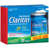 Claritin caja de 70 tabletas para alivio duradero de alergias.