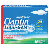 Claritin Liqui-Gels, caja visible, alivio de alergias durante 24 horas.