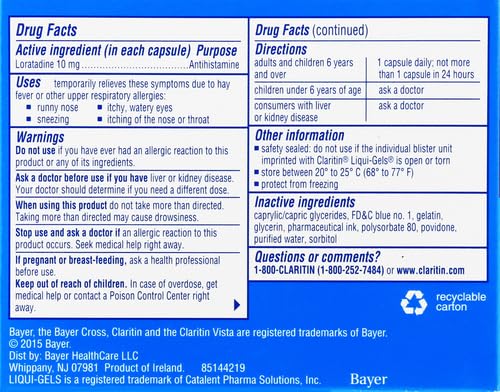 Claritin Liqui-Gels, dosis de 10 mg de loratadina.