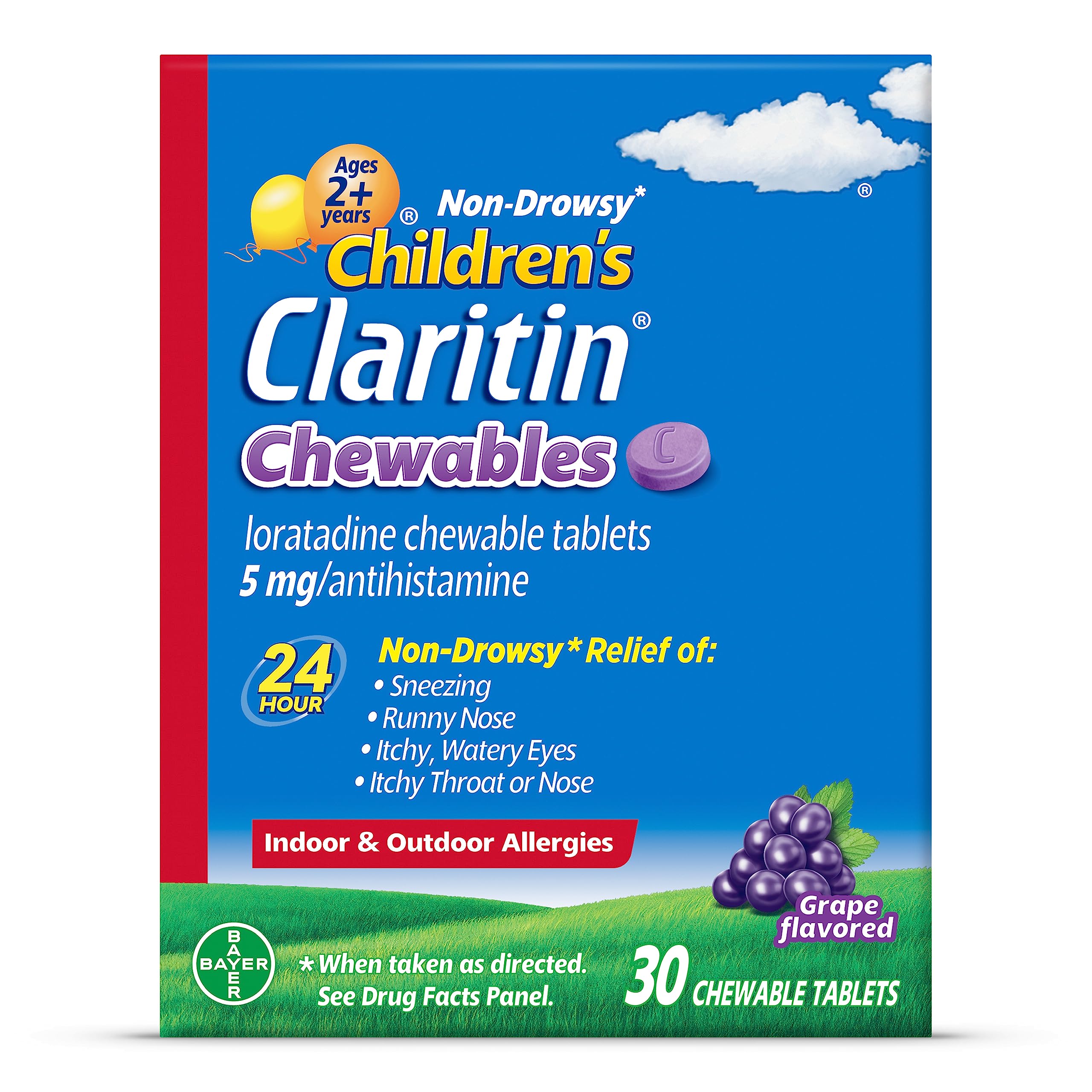 Claritin niños masticables sabor uva, 30 unidades, alivio de alergia para niños