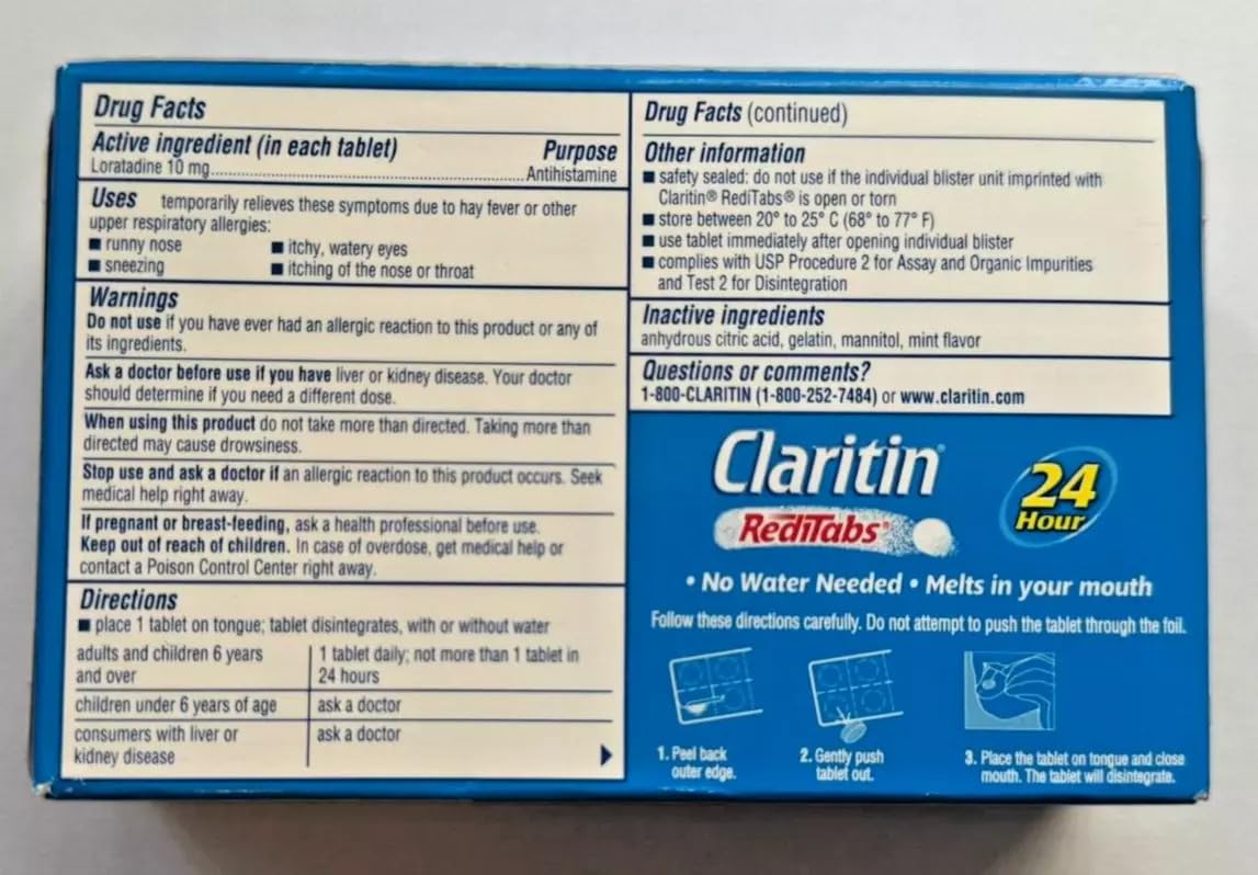 Claritin RediTabs etiqueta clara con indicaciones de dosis y duración.