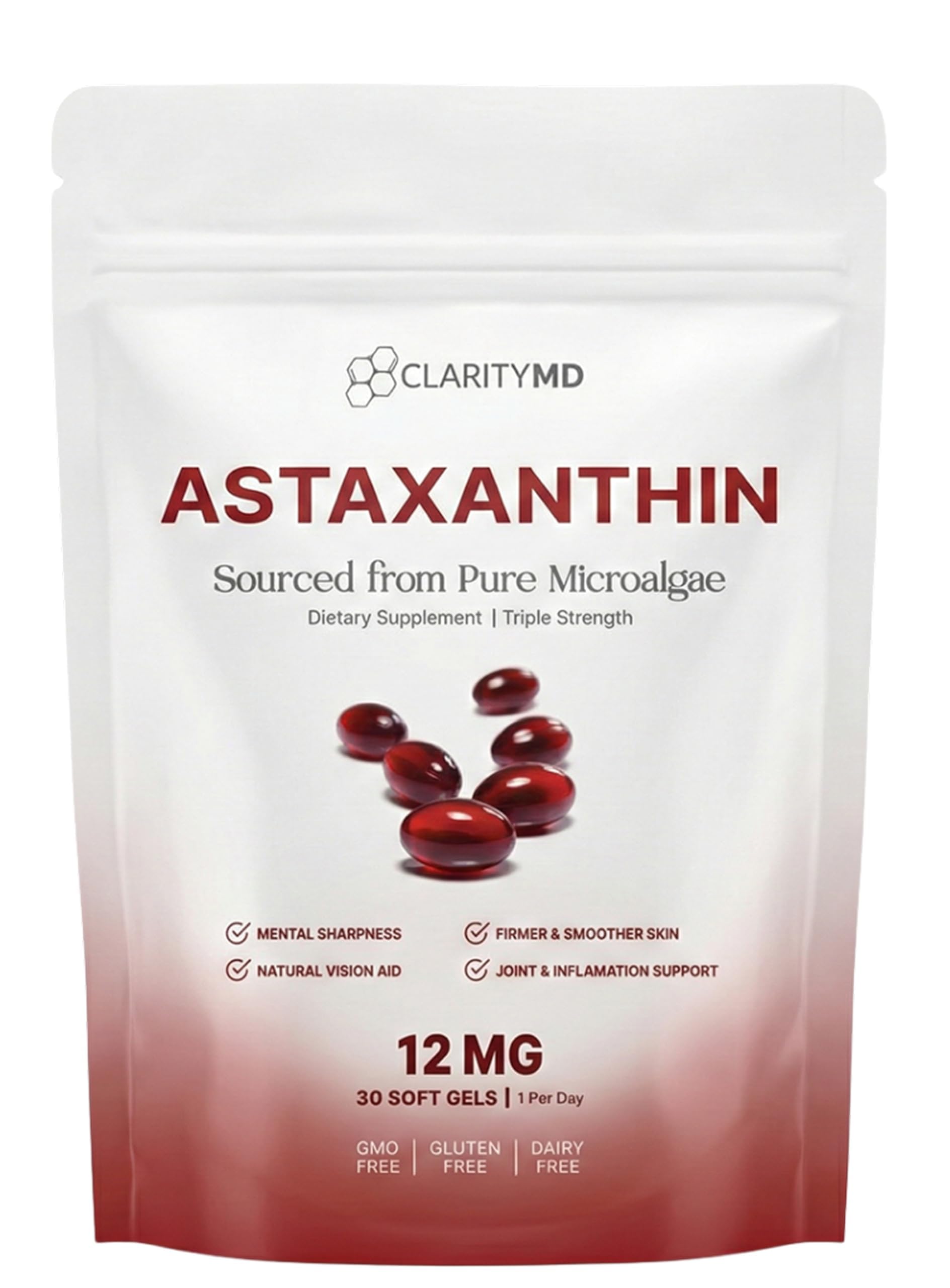 ClarityMD Astaxantina cápsula blanda con 12 mg para apoyo antioxidante diario.