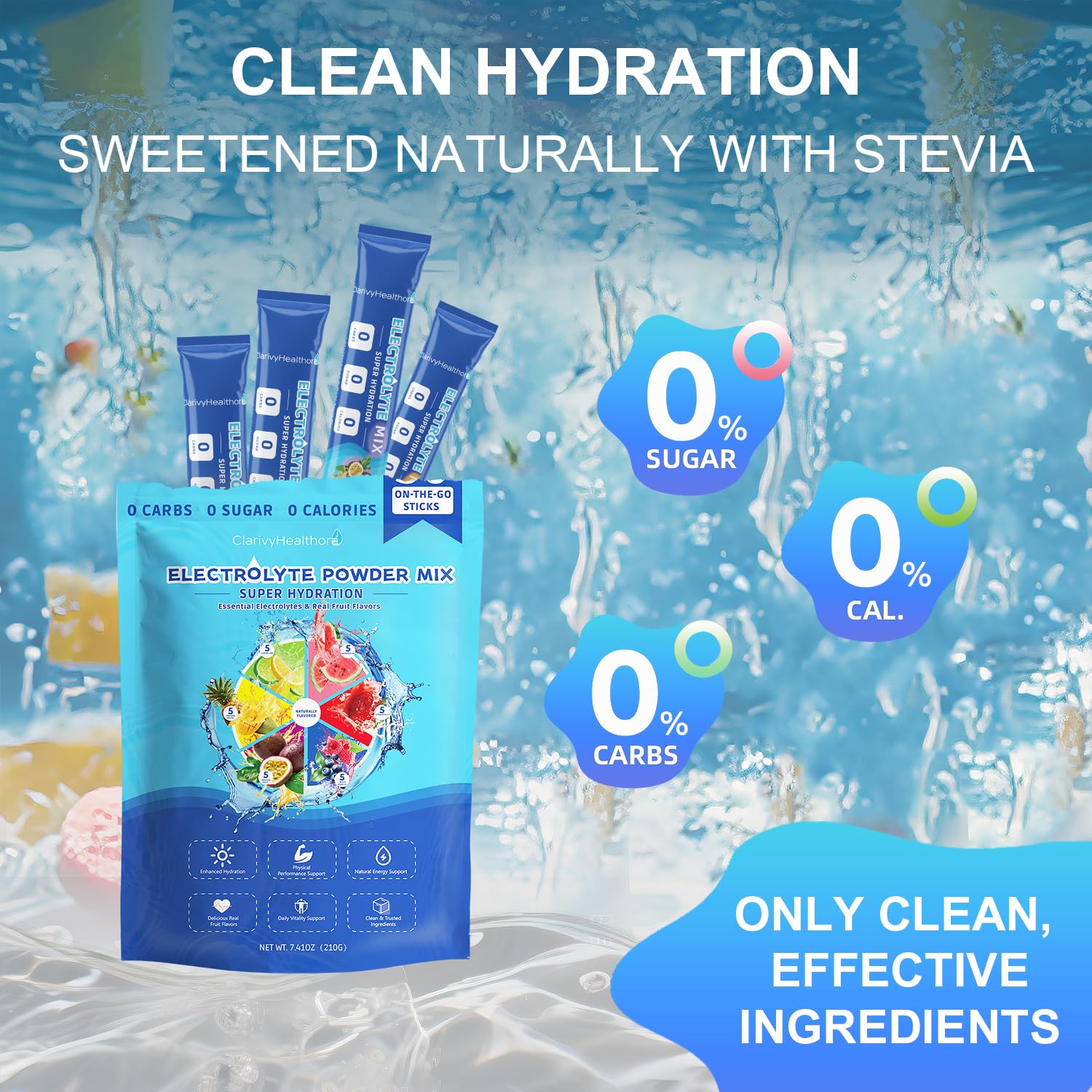 ClarivyHealthora sabor fruta pasión: mezcla frutal para hidratar sin azúcar durante la actividad.