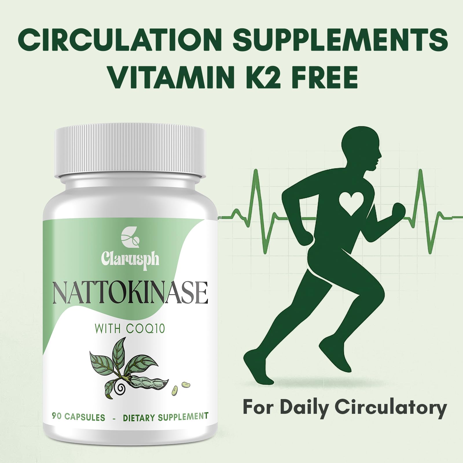 Etiqueta frontal de Clarusph Nattokinase, libre de vitamina K2.