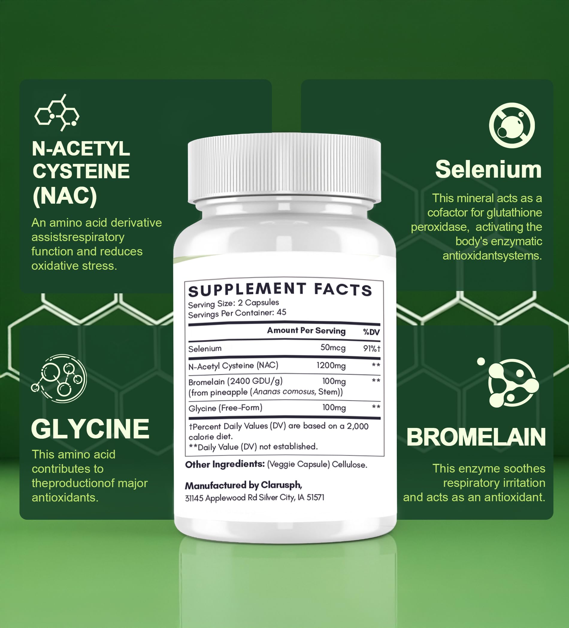 Clarusph NAC glicina mezcla antioxidante para defensa celular
