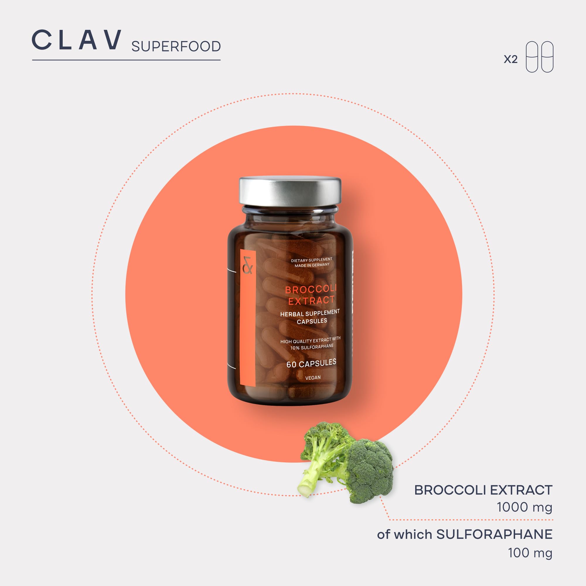 CLAV polvo brócoli en cápsula, enfatizando fuente natural en cada dosis.