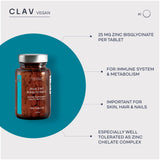 CLAV etiqueta del producto destaca ingredientes veganos y calidad alemana.
