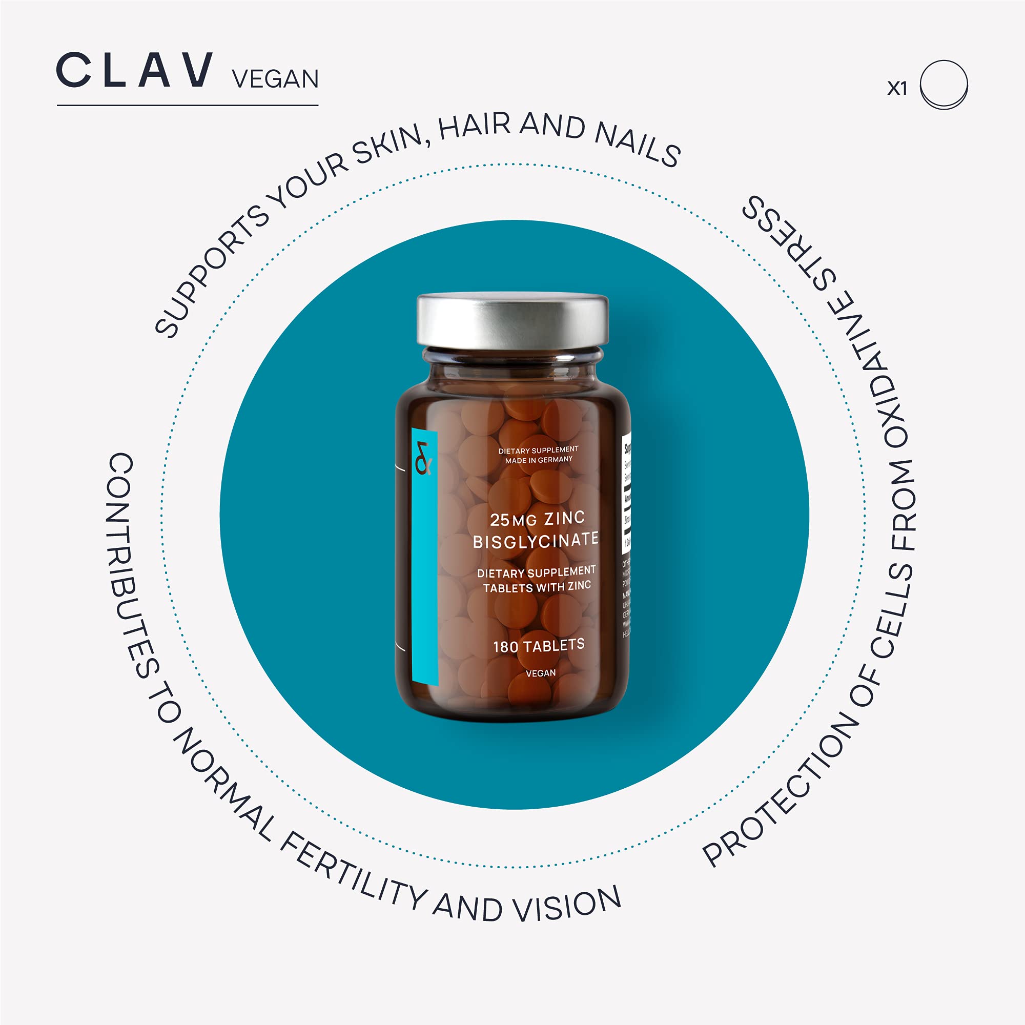CLAV tabletas muestran dosis diaria de zinc para consumo cómodo.