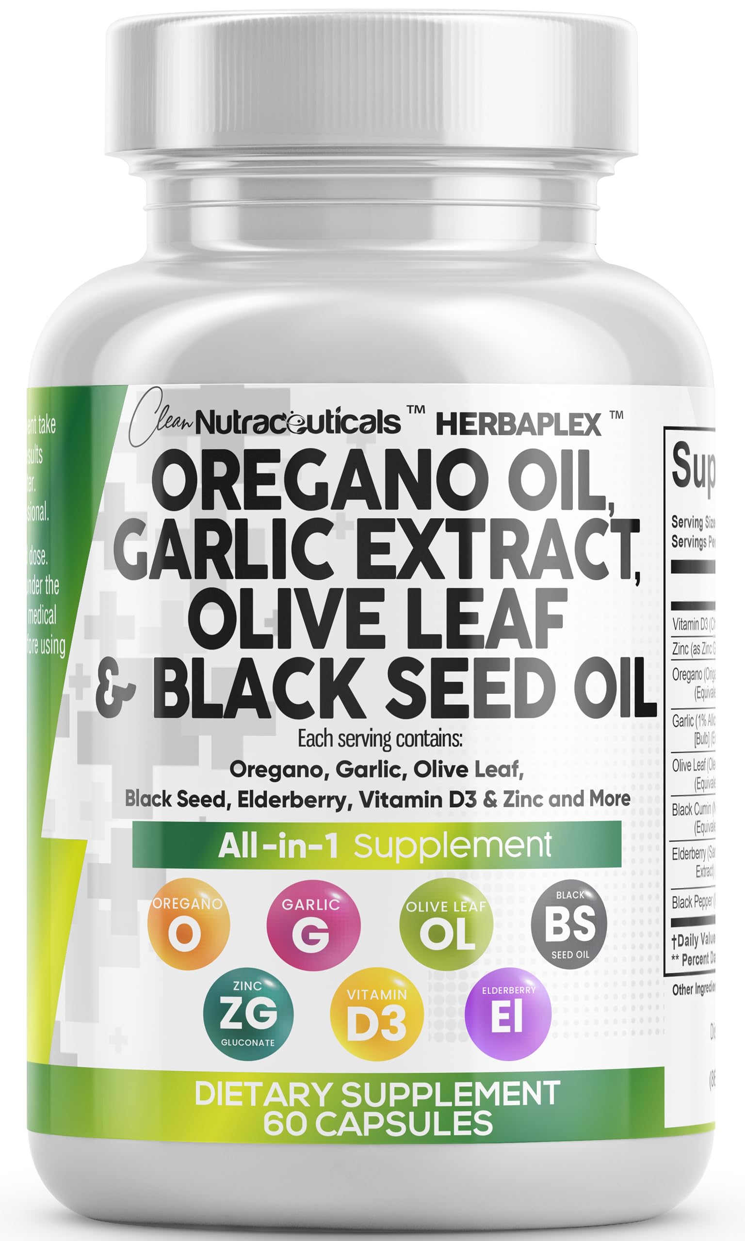 Clean Nutra Aceite de Orégano en cápsulas, botella para uso diario y apoyo al sistema inmune.