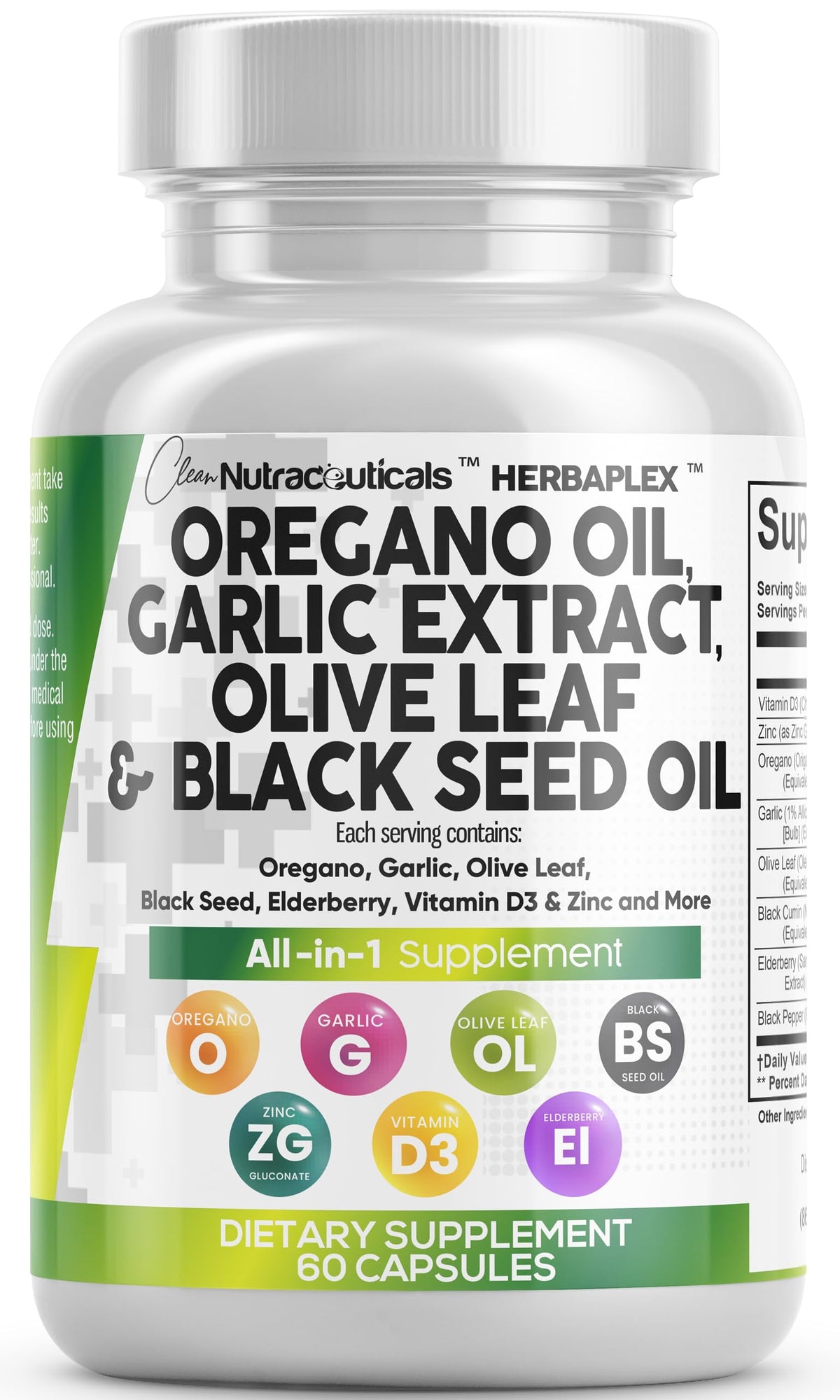 Clean Nutra Aceite de Orégano en cápsulas, botella para uso diario y apoyo al sistema inmune.