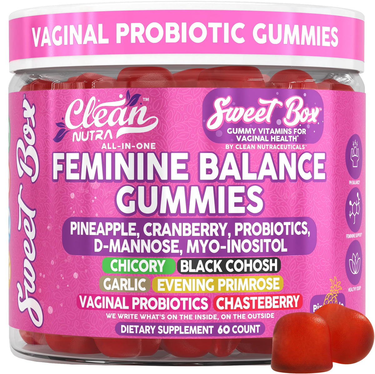 Clean Nutra botella de gomitas femeninas con sabor a piña para uso diario