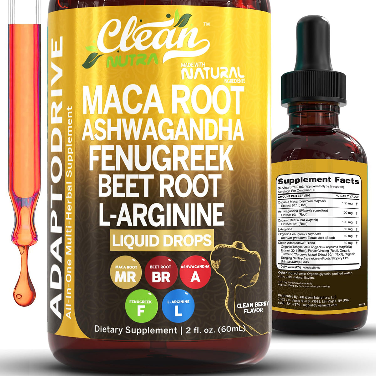 Clean Nutra Gotas de maca orgánica y ashwagandha para energía diaria.