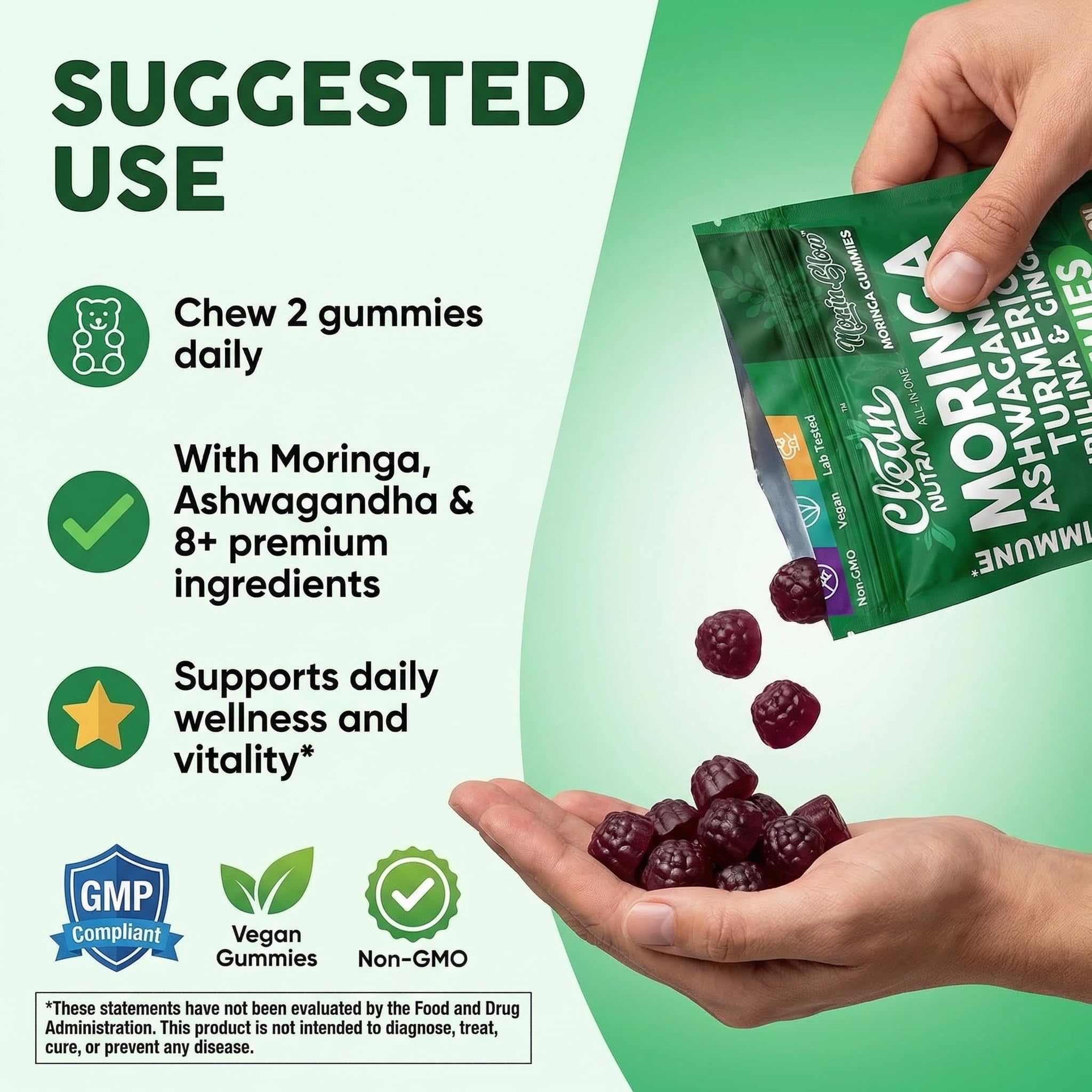 Gominola Clean Nutra Moringa de color verde, contiene espirulina y moringa para vitalidad.