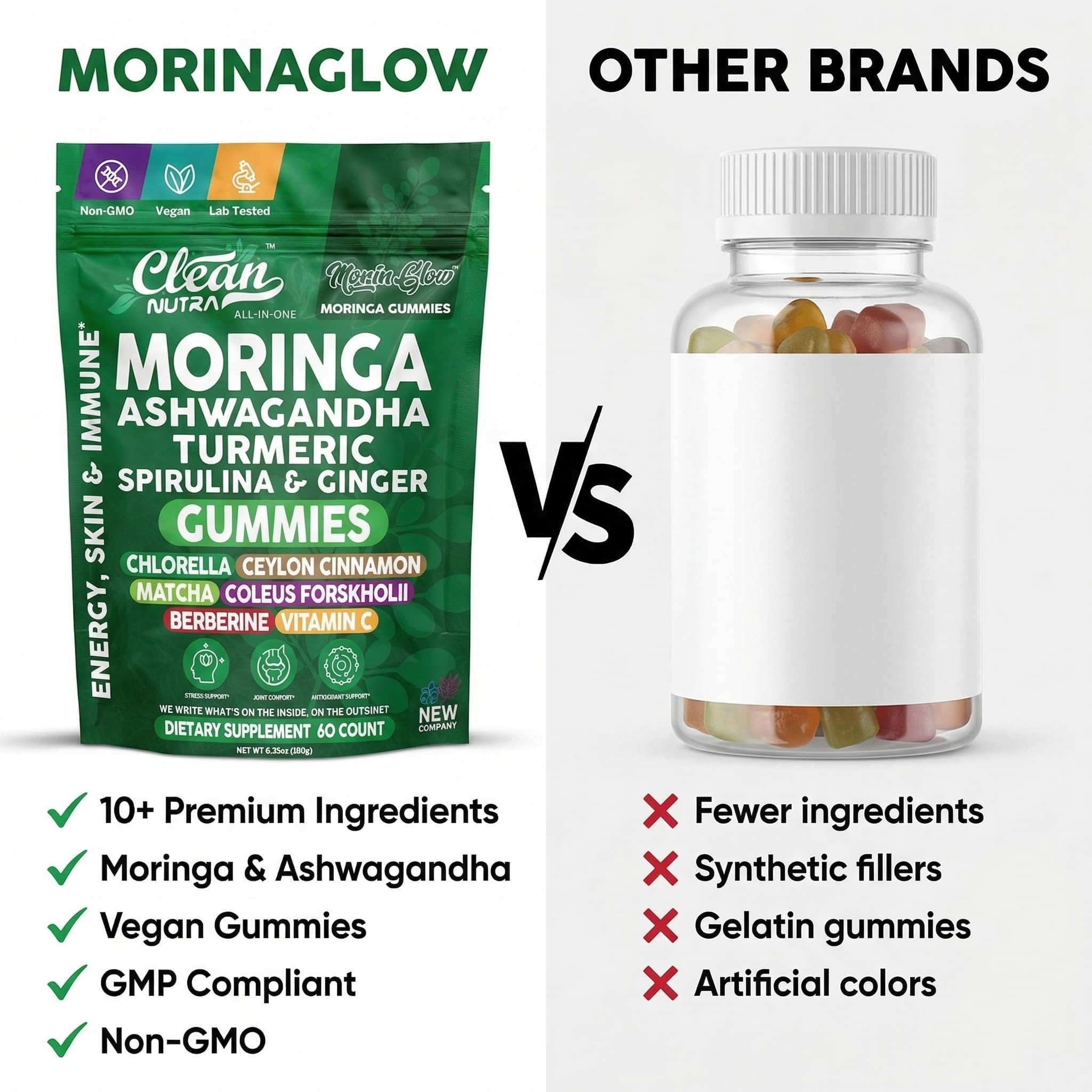 Etiqueta Clean Nutra Moringa en frasco, pureza y origen USA destacados.