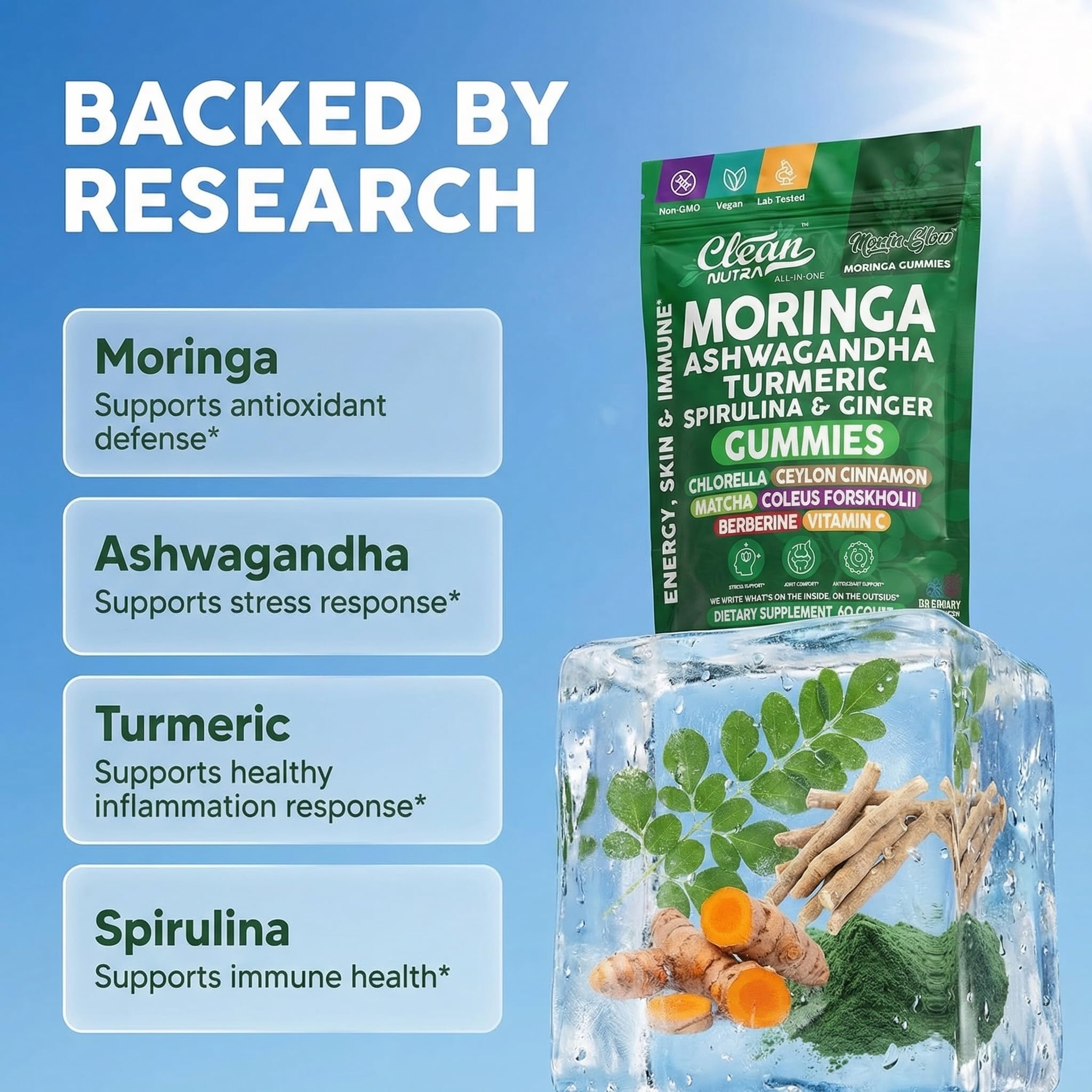 Gominas Clean Nutra Moringa en frasco, muestra ingredientes clave para apoyo inmunitario.